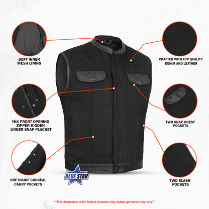 BSM1545 Men's Black Denim Single Panel Concealment Vest W/ Leather Trim