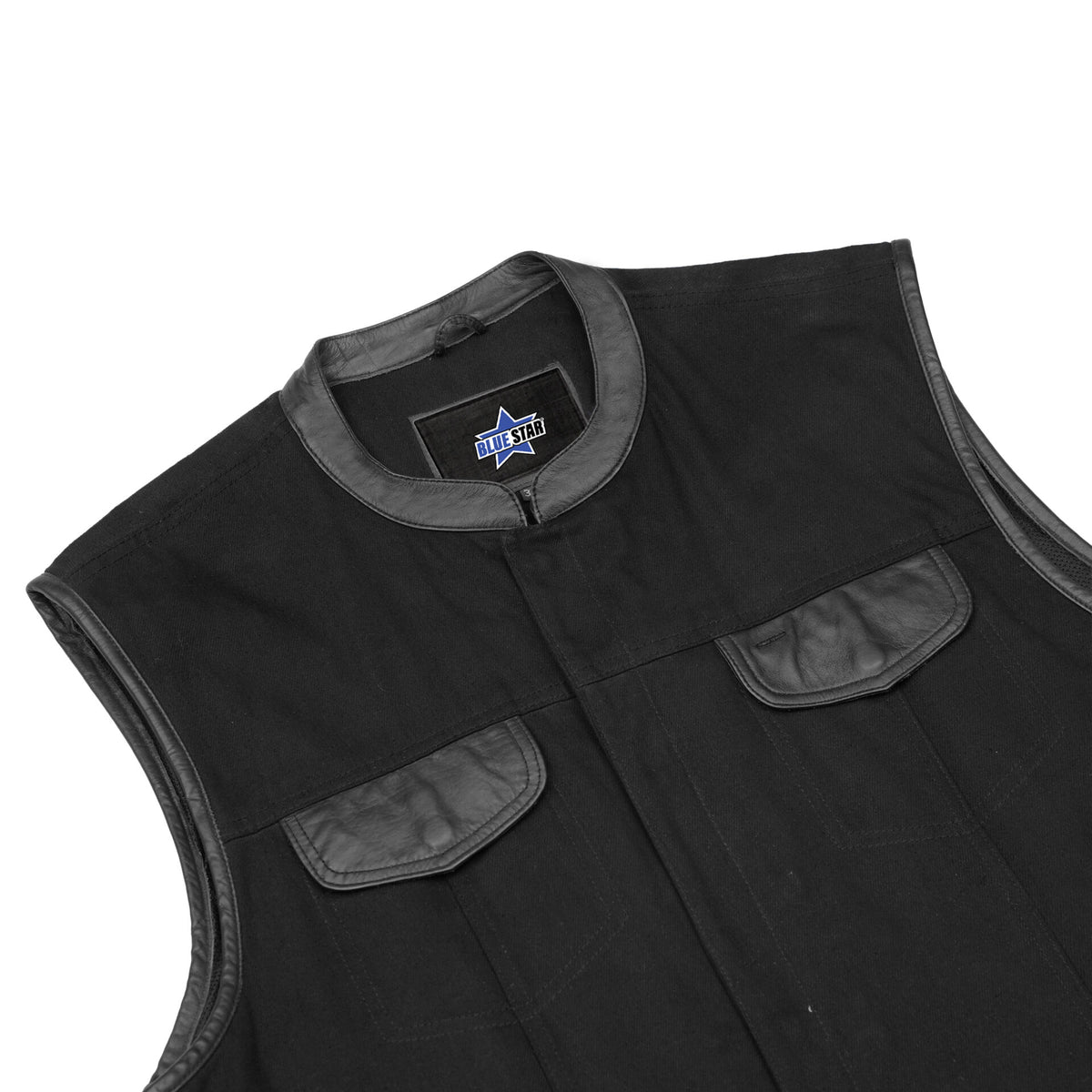 BSM1545 Men's Black Denim Single Panel Concealment Vest W/ Leather Trim