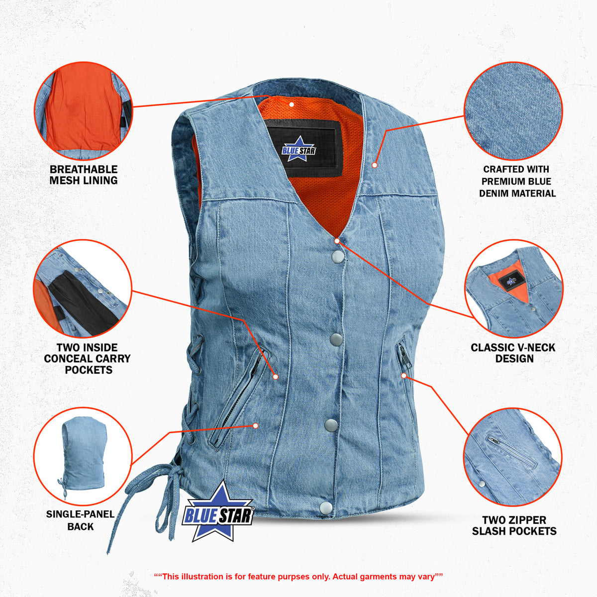 BSM2533 Women's Single Back Panel Concealed Carry Denim Vest - Blue