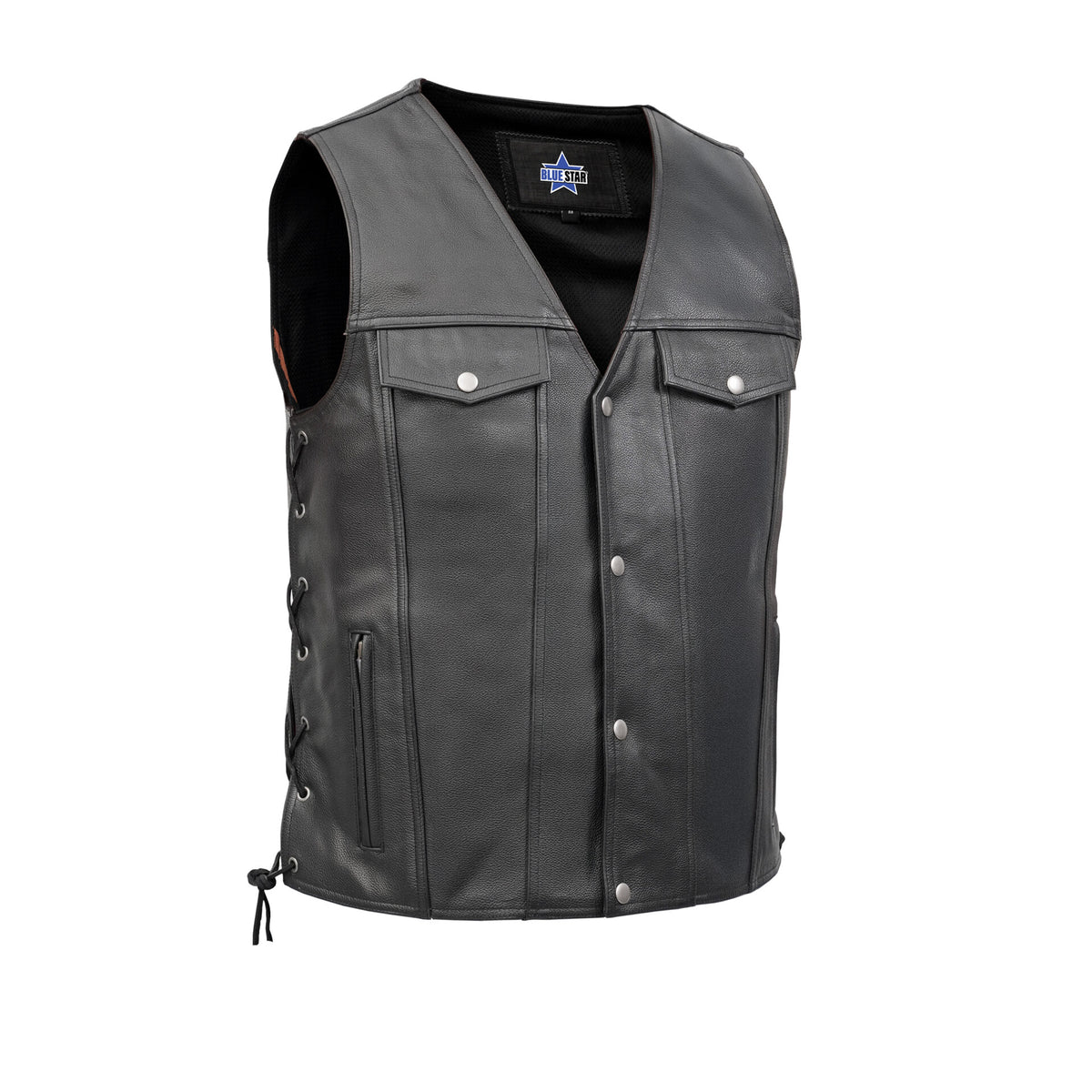 BSM1527 Men's Black Leather Vest with Side Laces and Gun Pockets