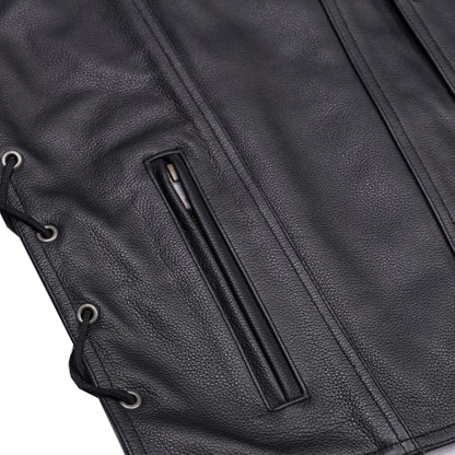 BSM1527 Men's Black Leather Vest with Side Laces and Gun Pockets
