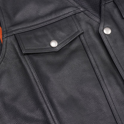 BSM1527 Men's Black Leather Vest with Side Laces and Gun Pockets