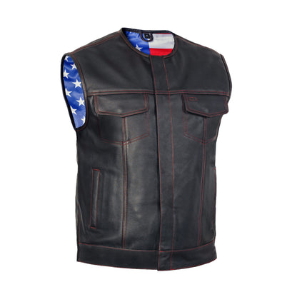 BSM1525 Men's Leather Vest with Red Stitching and USA Inside Flag Linin