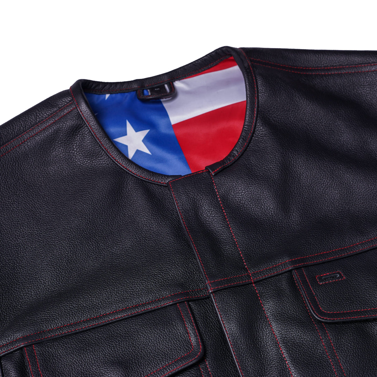 BSM1525 Men's Leather Vest with Red Stitching and USA Inside Flag Linin