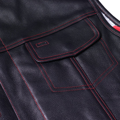 BSM1525 Men's Leather Vest with Red Stitching and USA Inside Flag Linin