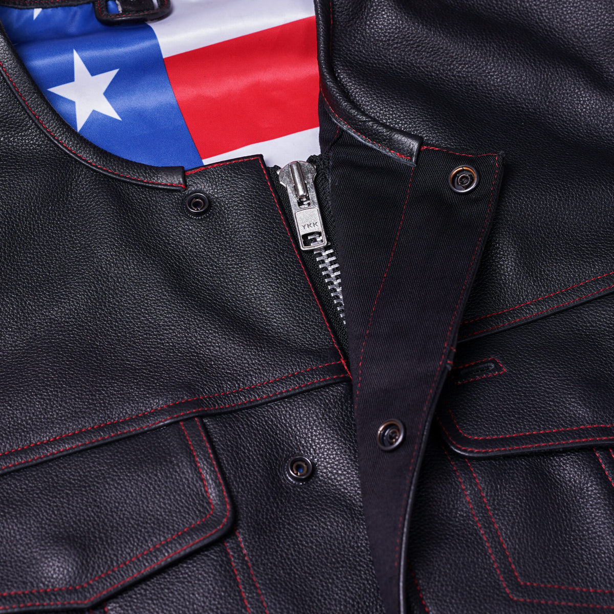 BSM1525 Men's Leather Vest with Red Stitching and USA Inside Flag Linin