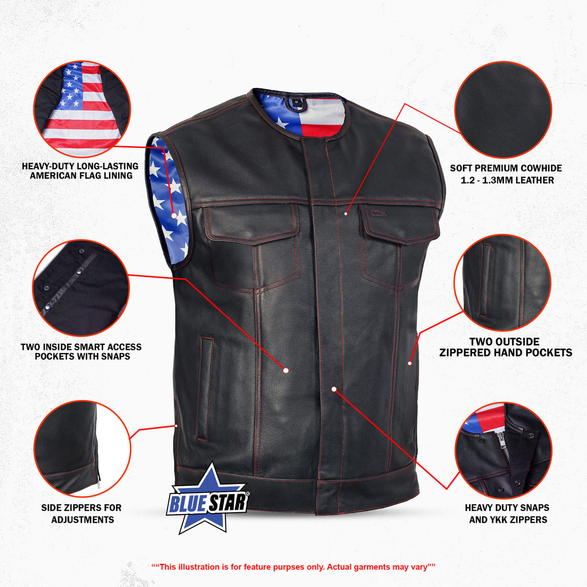 BSM1525 Men's Leather Vest with Red Stitching and USA Inside Flag Linin