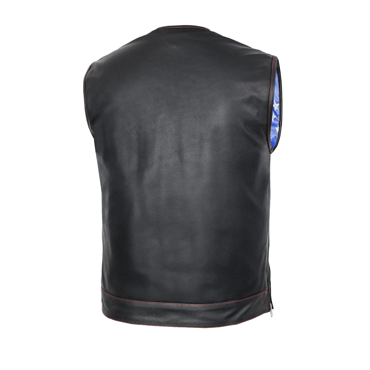 BSM1525 Men's Leather Vest with Red Stitching and USA Inside Flag Linin
