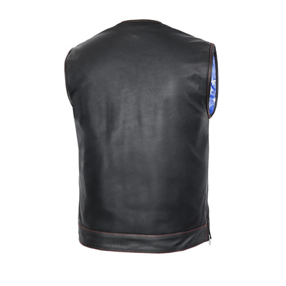 BSM1525 Men's Leather Vest with Red Stitching and USA Inside Flag Linin