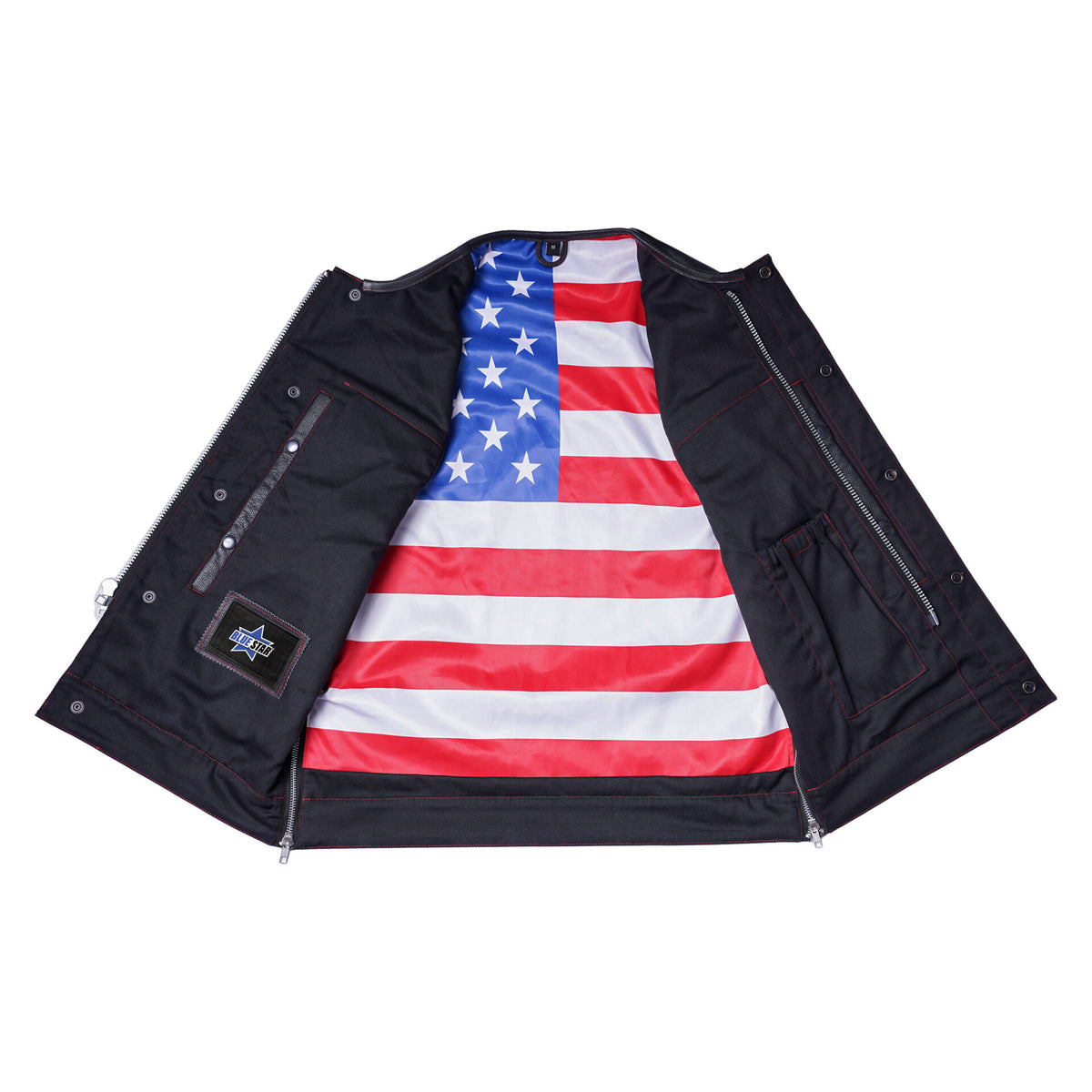 BSM1525 Men's Leather Vest with Red Stitching and USA Inside Flag Linin