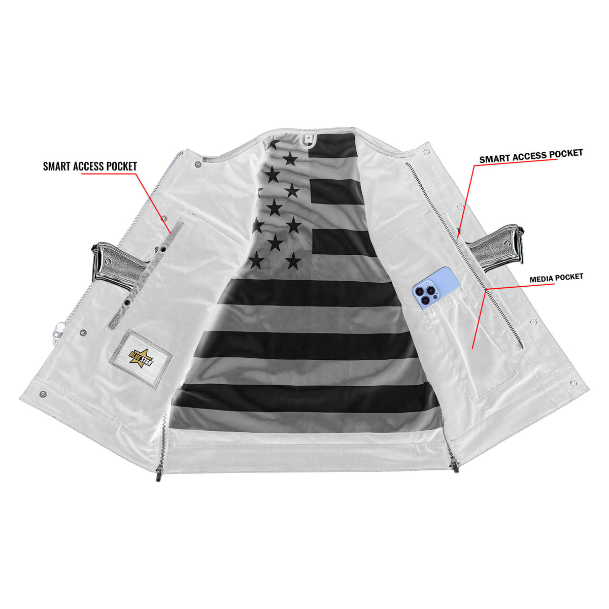 BSM1525 Men's Leather Vest with Red Stitching and USA Inside Flag Linin