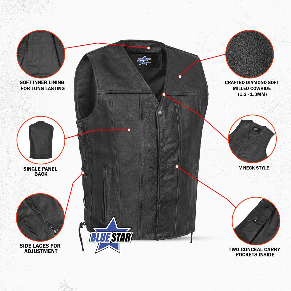 BSM1554 Men's Tall Classic Tapered Bottom Biker Leather Vest