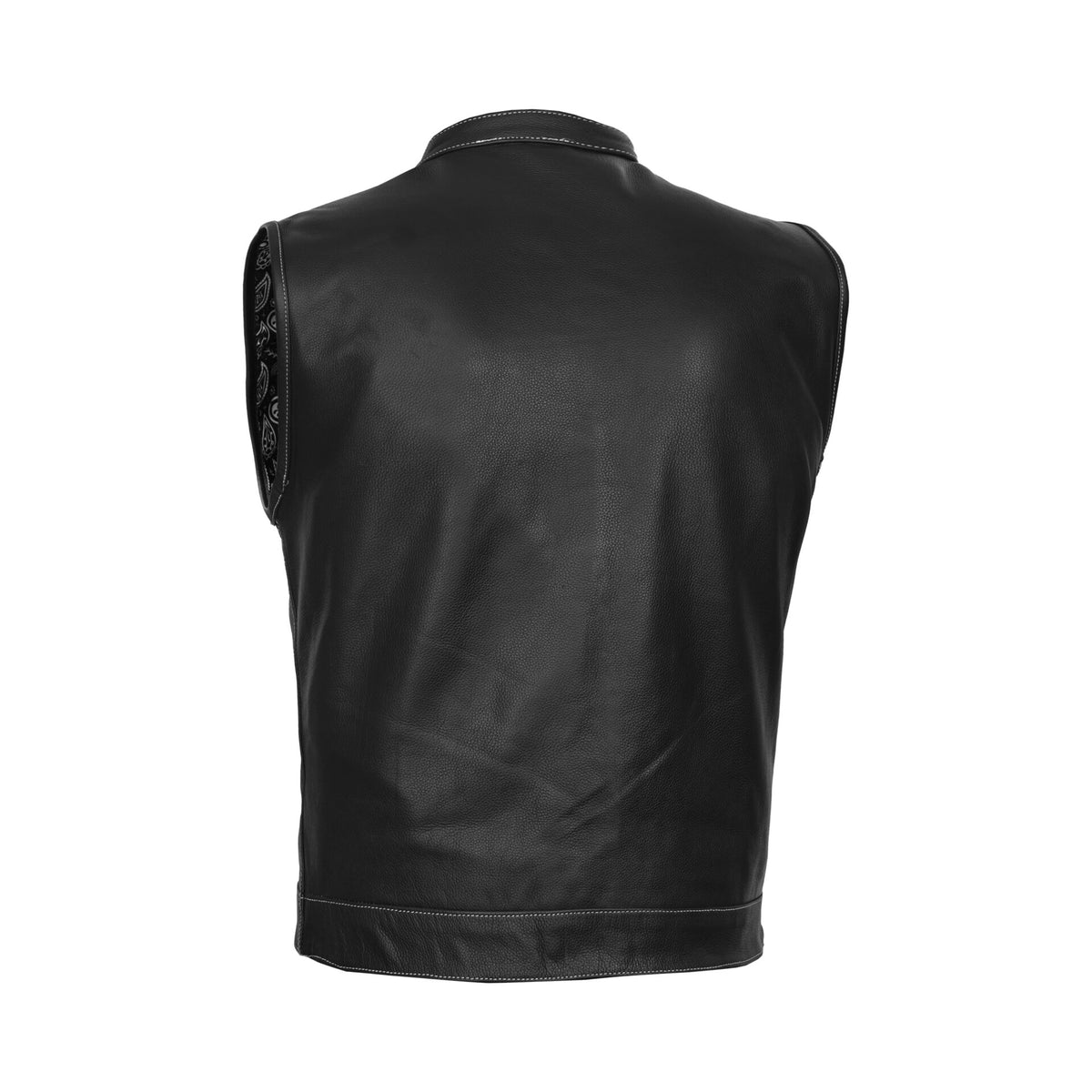 BSM1582 Men’s Paisley Black Leather Motorcycle Vest with White Stitching