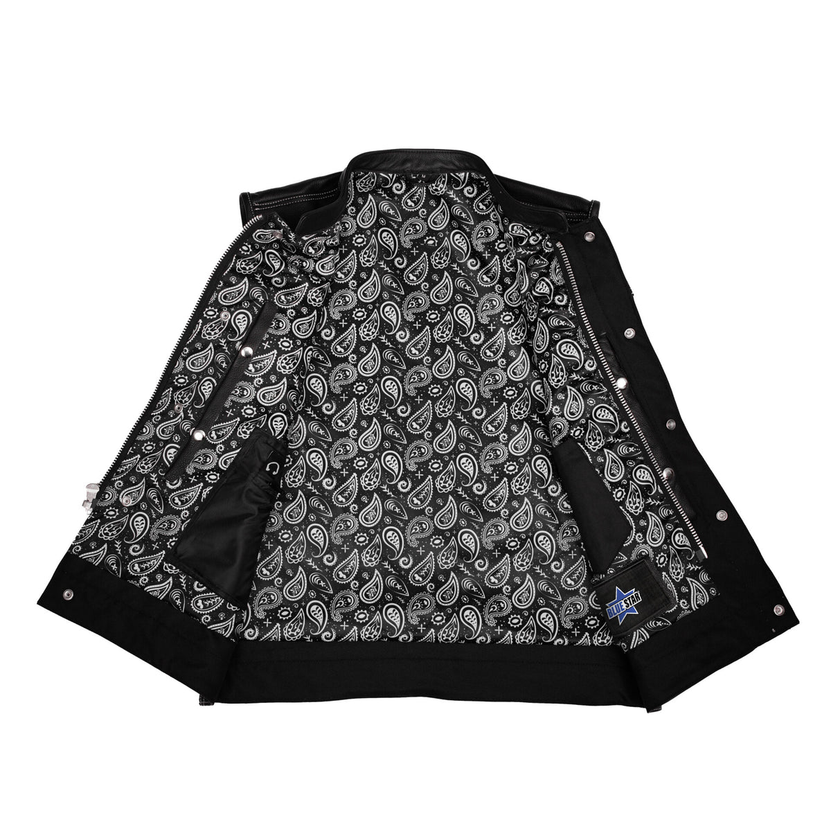 BSM1582 Men’s Paisley Black Leather Motorcycle Vest with White Stitching