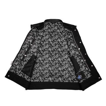 BSM1582 Men’s Paisley Black Leather Motorcycle Vest with White Stitching