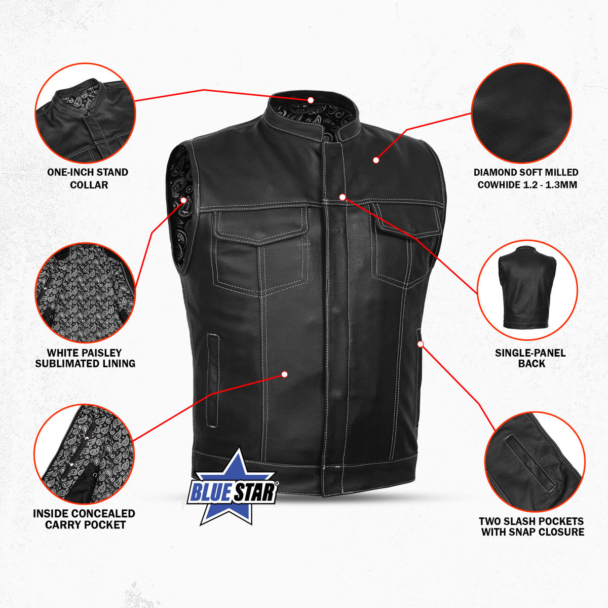 BSM1582 Men’s Paisley Black Leather Motorcycle Vest with White Stitching