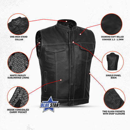 BSM1582 Men’s Paisley Black Leather Motorcycle Vest with White Stitching
