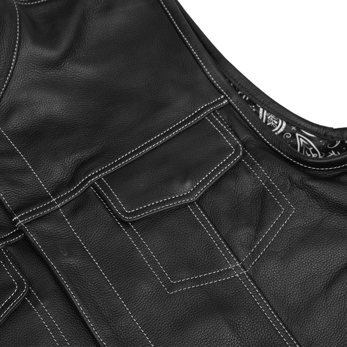BSM1582 Men’s Paisley Black Leather Motorcycle Vest with White Stitching