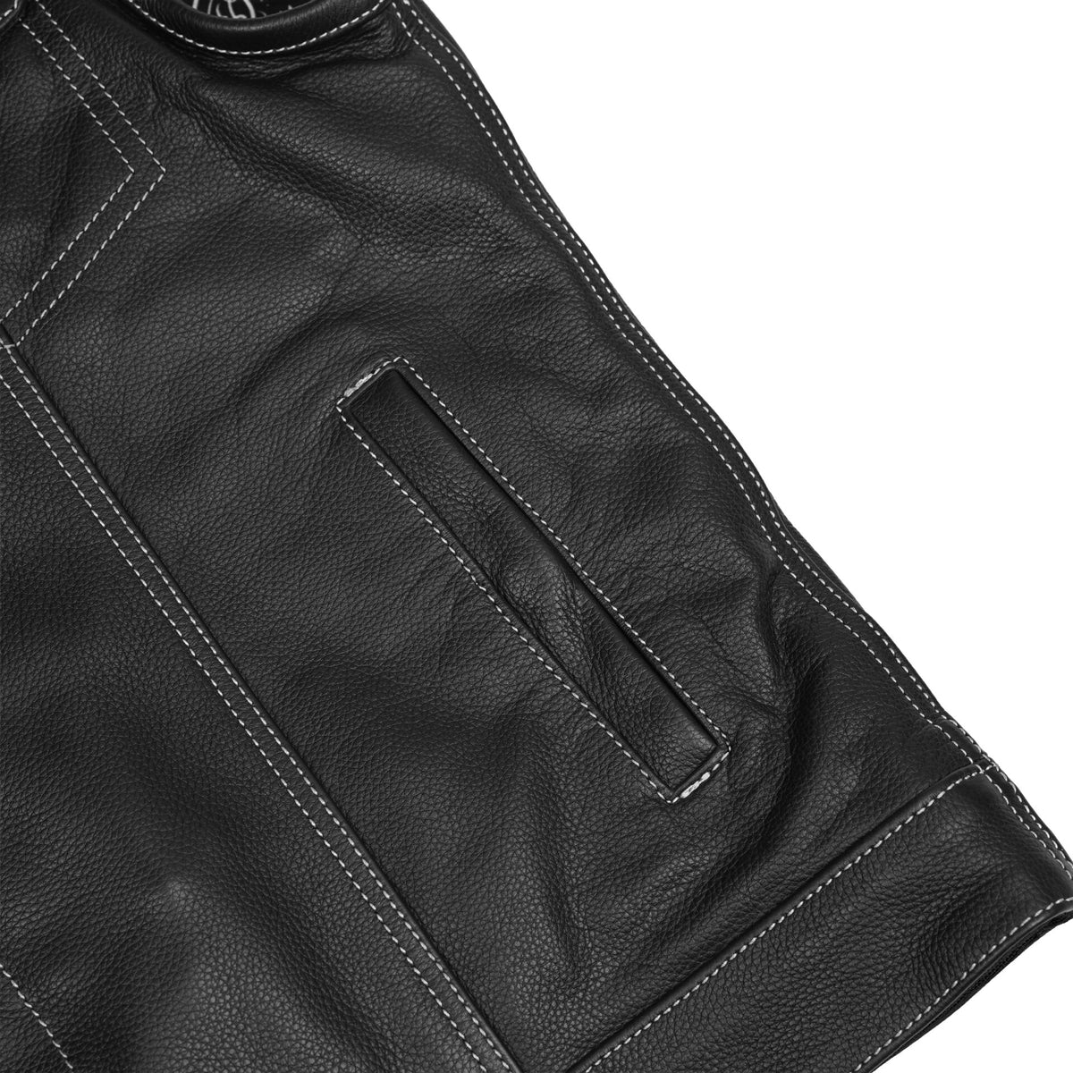BSM1582 Men’s Paisley Black Leather Motorcycle Vest with White Stitching