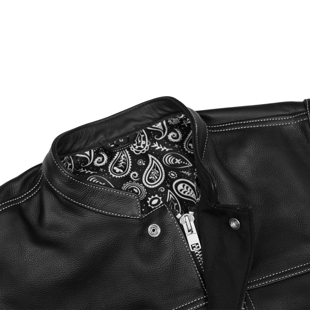 BSM1582 Men’s Paisley Black Leather Motorcycle Vest with White Stitching