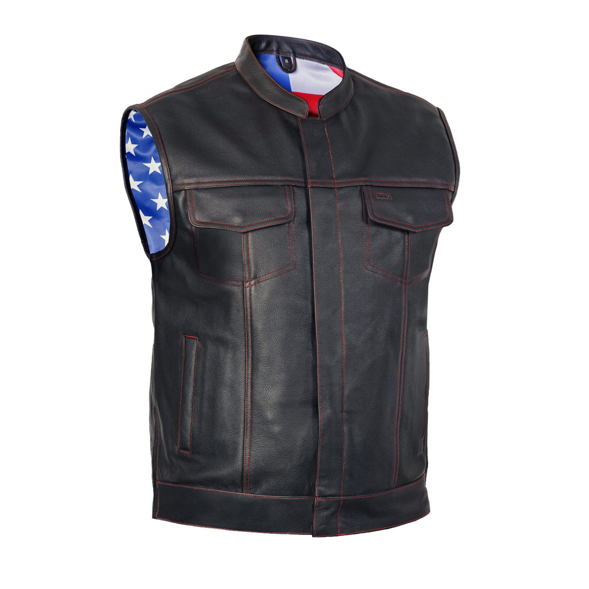 BSM1522 MEN'S LEATHER VEST WITH RED STITCHING AND USA INSIDE FLAG LININ