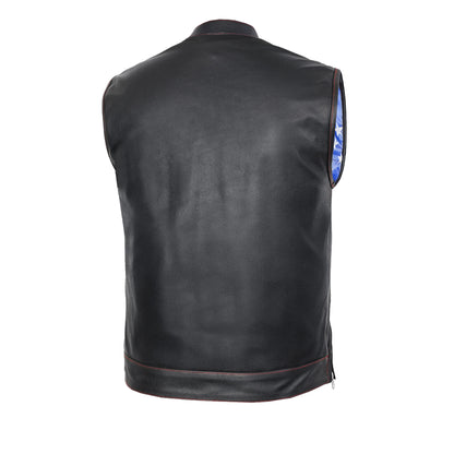 BSM1522 MEN'S LEATHER VEST WITH RED STITCHING AND USA INSIDE FLAG LININ