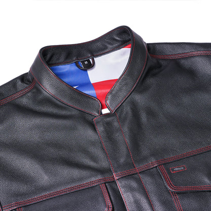 BSM1522 MEN'S LEATHER VEST WITH RED STITCHING AND USA INSIDE FLAG LININ
