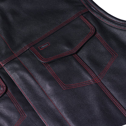 BSM1522 MEN'S LEATHER VEST WITH RED STITCHING AND USA INSIDE FLAG LININ