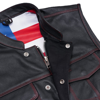 BSM1522 MEN'S LEATHER VEST WITH RED STITCHING AND USA INSIDE FLAG LININ