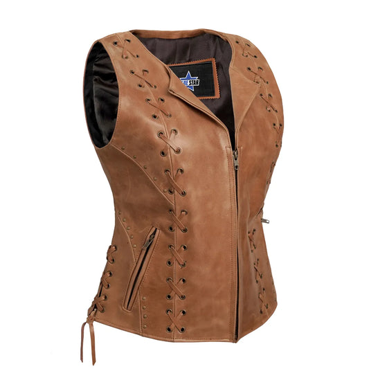 BSM2528 Women's Brown Zippered Vest with Lacing Details