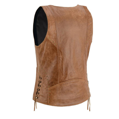 BSM4592 Women's Brown Zippered Vest with Lacing Details
