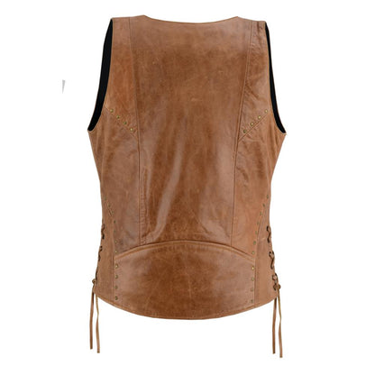 BSM4592 Women's Brown Zippered Vest with Lacing Details