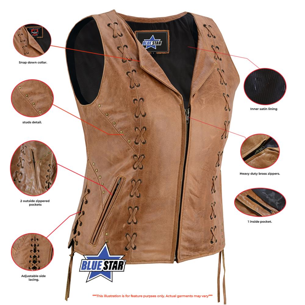 BSM4592 Women's Brown Zippered Vest with Lacing Details
