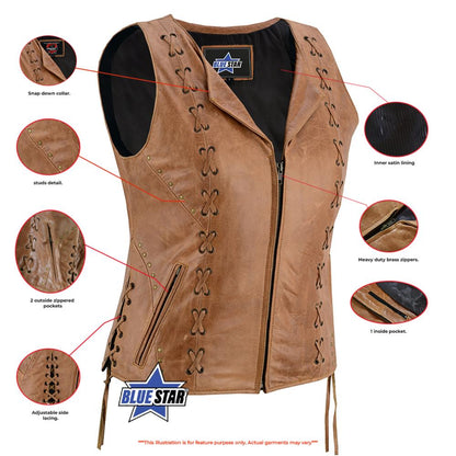 BSM4592 Women's Brown Zippered Vest with Lacing Details