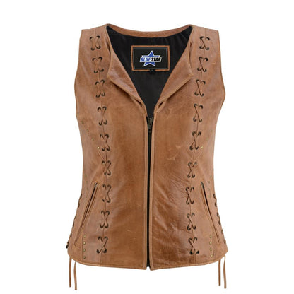BSM4592 Women's Brown Zippered Vest with Lacing Details