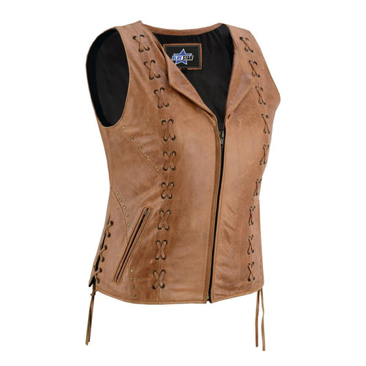 BSM4592 Women's Brown Zippered Vest with Lacing Details