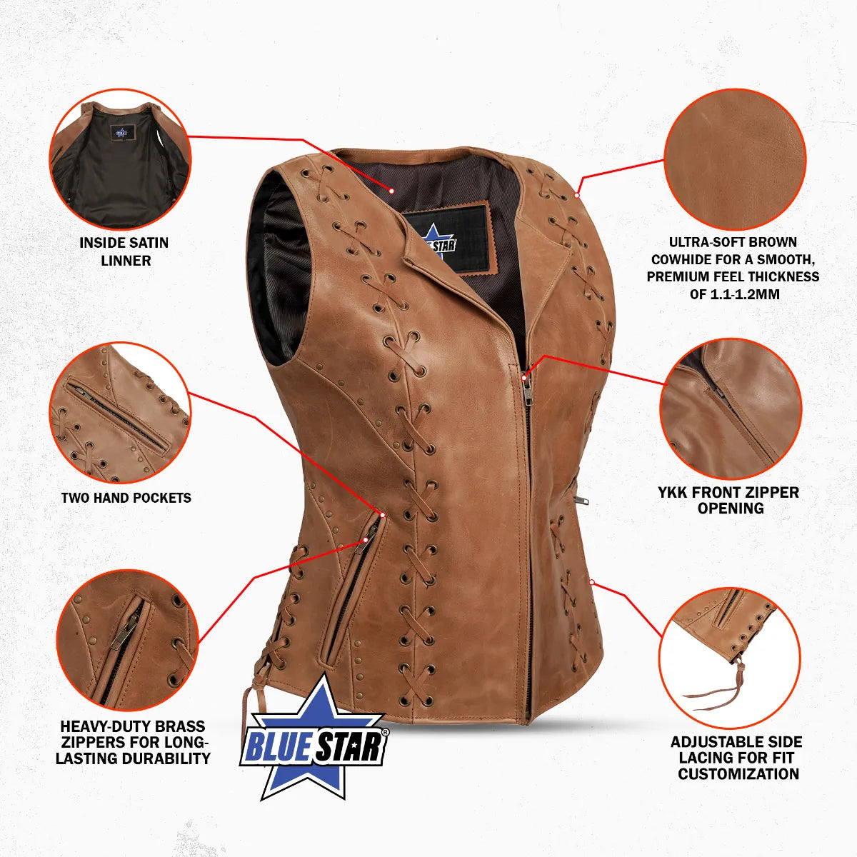 BSM2528 Women's Brown Zippered Vest with Lacing Details