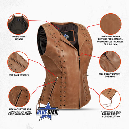 BSM2528 Women's Brown Zippered Vest with Lacing Details