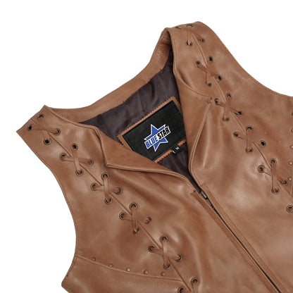 BSM2528 Women's Brown Zippered Vest with Lacing Details