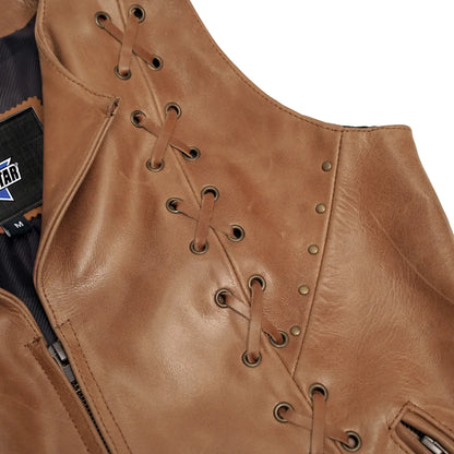 BSM2528 Women's Brown Zippered Vest with Lacing Details