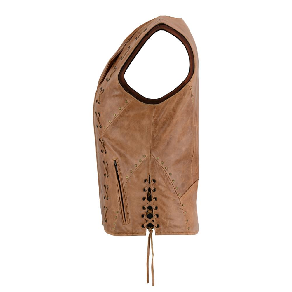 BSM4592 Women's Brown Zippered Vest with Lacing Details
