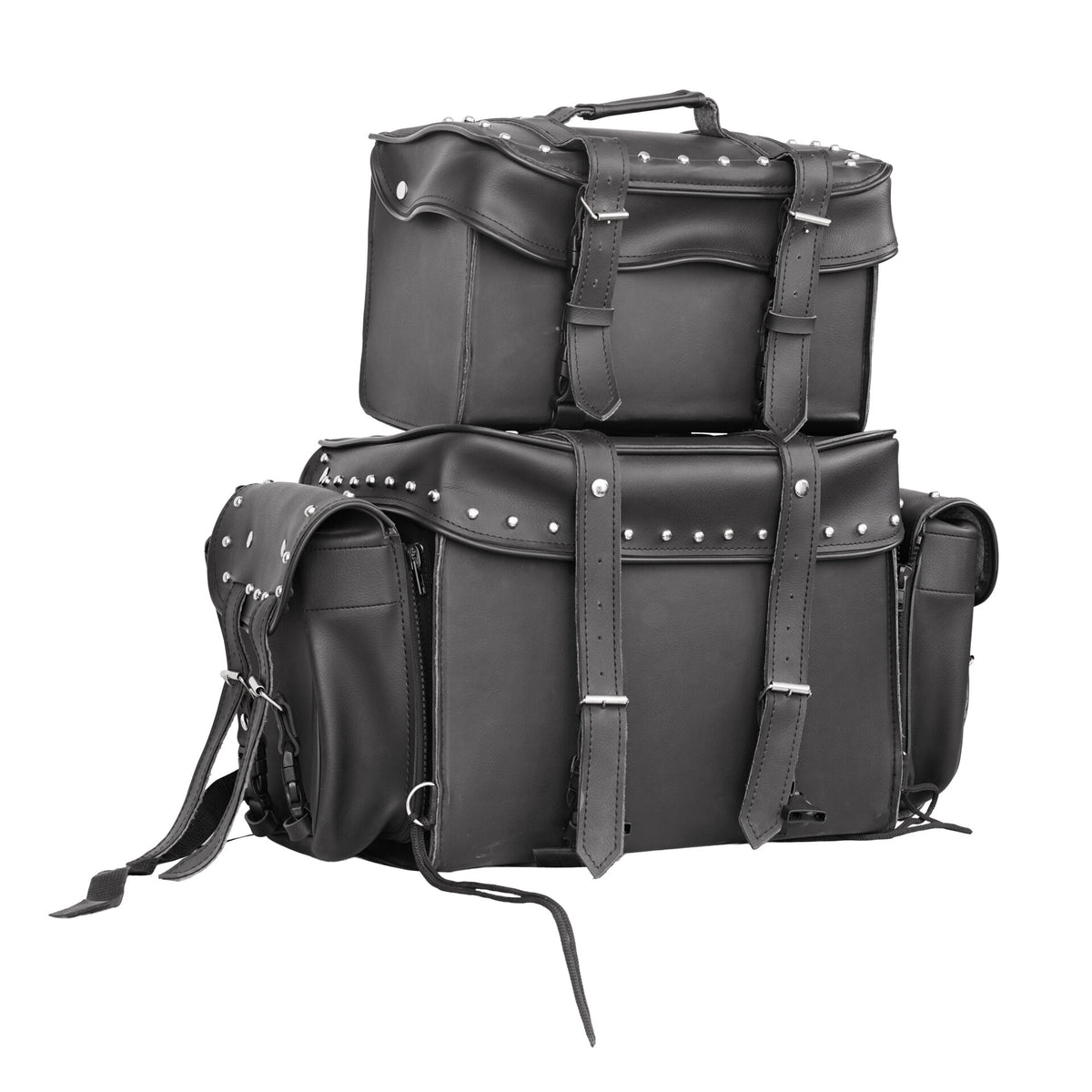 BSM4719 Leather Black PVC Large Four Piece Motorcycle Touring Tail Bag with Studs