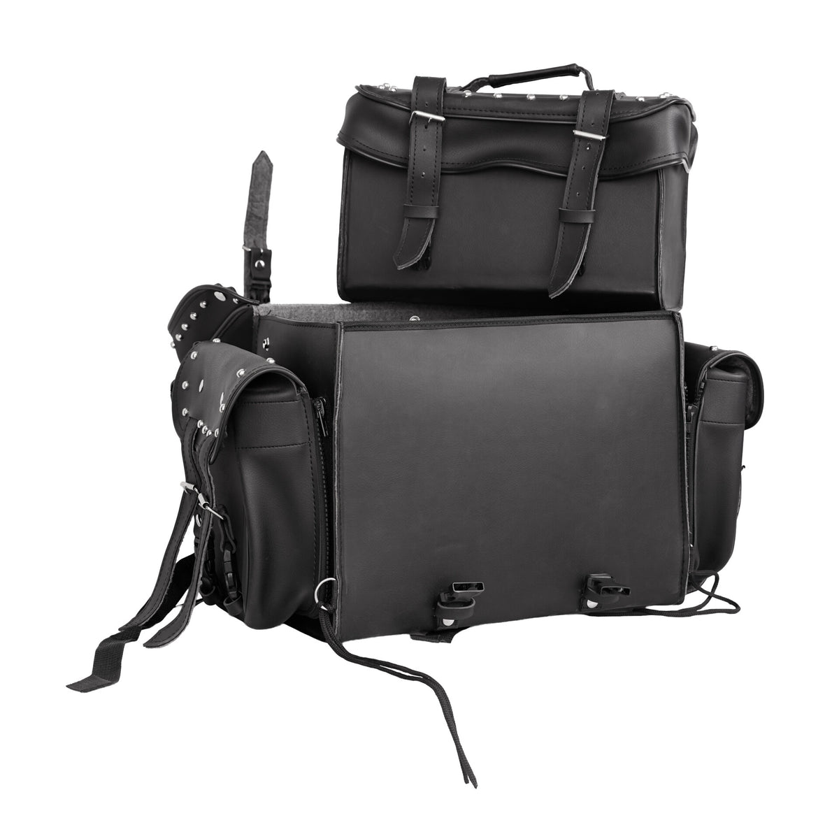 BSM4719 Leather Black PVC Large Four Piece Motorcycle Touring Tail Bag with Studs