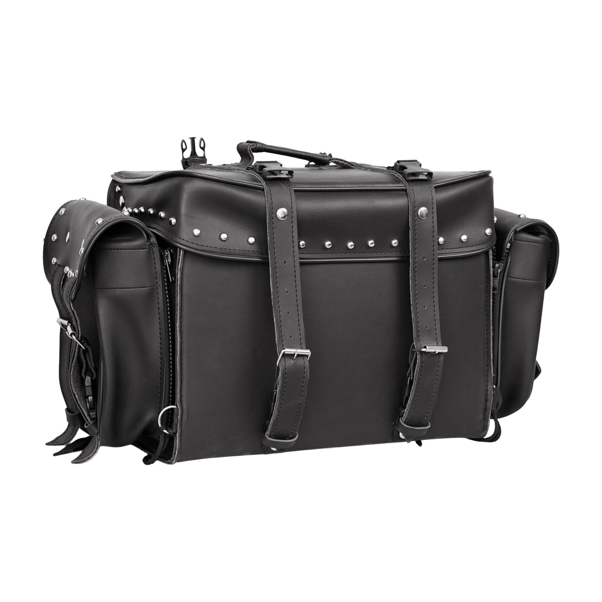 BSM4719 Leather Black PVC Large Four Piece Motorcycle Touring Tail Bag with Studs