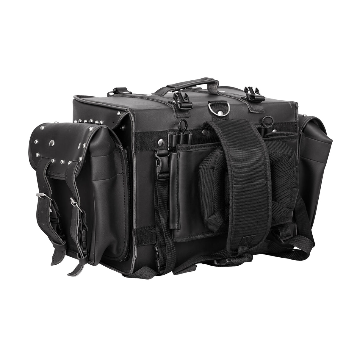 BSM4719 Leather Black PVC Large Four Piece Motorcycle Touring Tail Bag with Studs