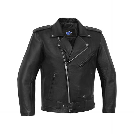 BSM1143 Economy Motorcycle Classic Biker Leather Jacket - Plain Sides