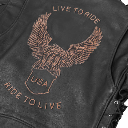BSM1146 Men's Eagle Embossed Live To Ride - Ride To Live Classic Black Leather Mot