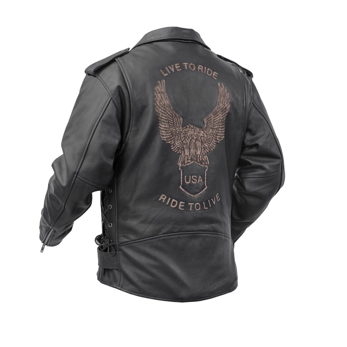 BSM1146 Men's Eagle Embossed Live To Ride - Ride To Live Classic Black Leather Mot
