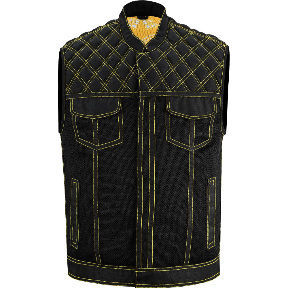 BSM4601 Nitro Rush Men’s Black Mesh Textile Vest with Yellow Diamond Stitch