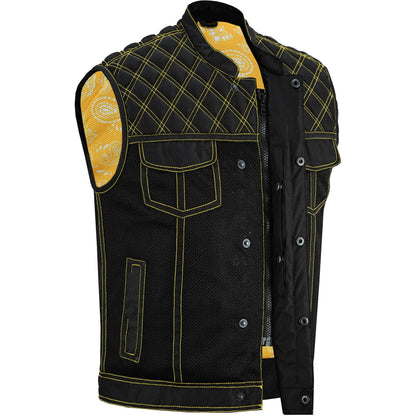 BSM4601 Nitro Rush Men’s Black Mesh Textile Vest with Yellow Diamond Stitch